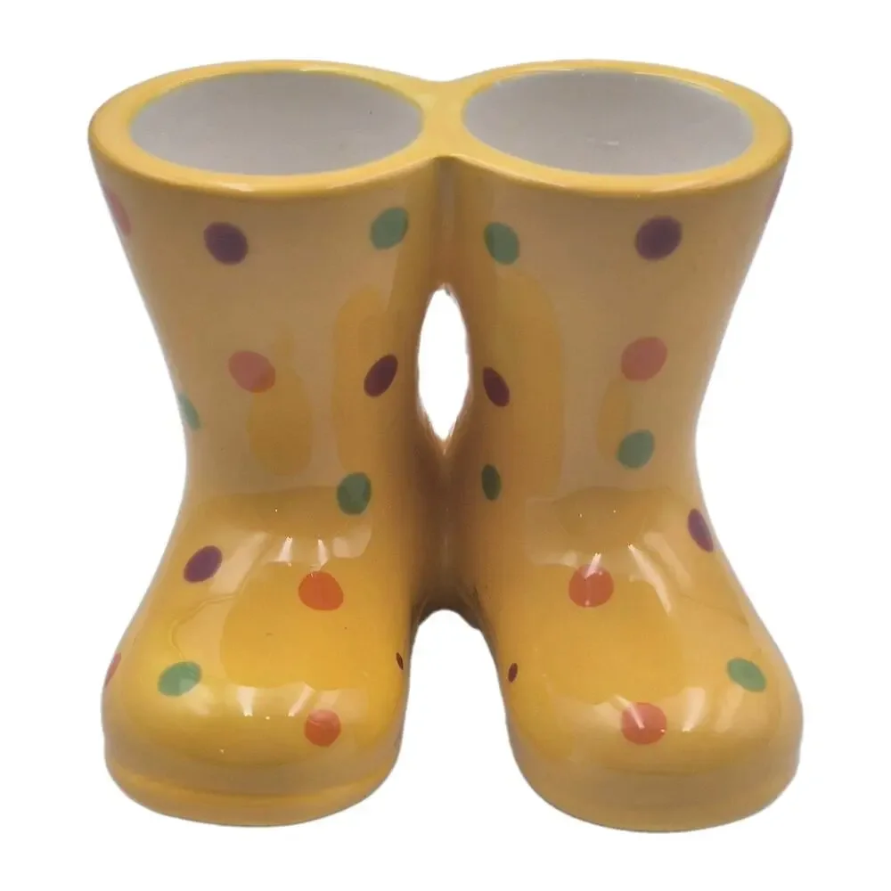 PartyLite Yellow Polka Dot Ceramic Rainboots Tealight Holder 4x4